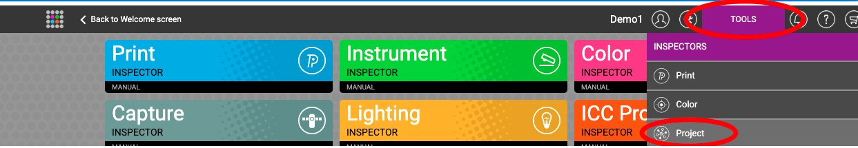 Tools menu — Inspectors submenu with Project highlighted