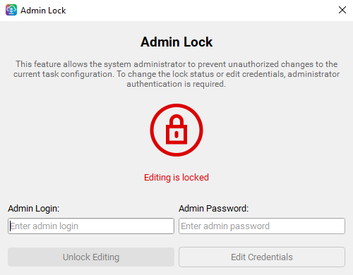 Admin Lock window in the locked state with a red padlock