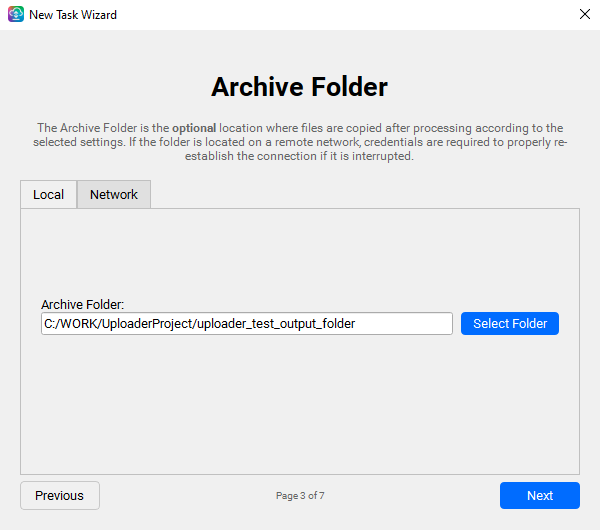 Task Wizard — Archive Folder page with Local/Network tabs and folder picker